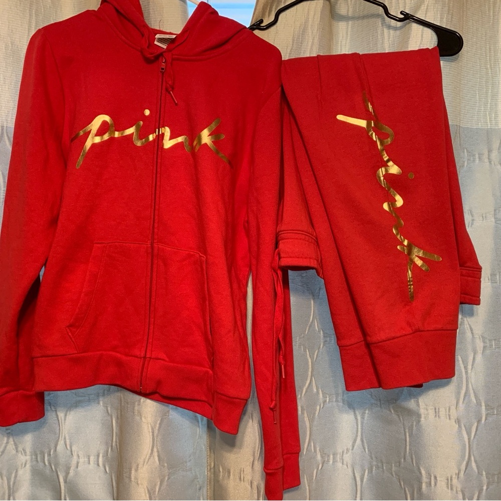 PINK Victoria's Secret Red Jogger Pants & Full Zip Hoodie Set